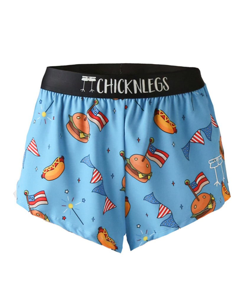These shorts are from Chicknlegs as the men's 2 in split running shorts as the USA cookout design, as a ghost image. These shorts have burgers, hot dogs, flags and USA theme apparel all over it.