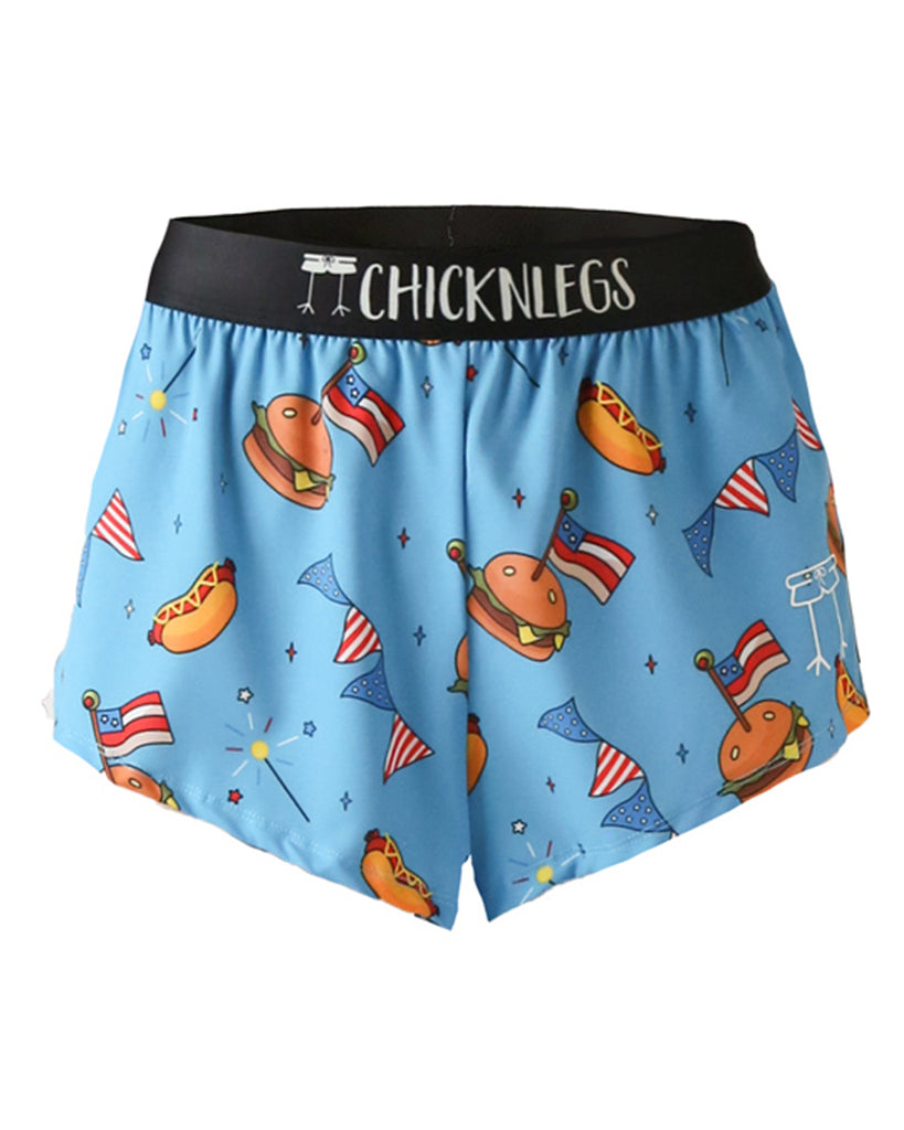 These shorts are from Chicknlegs as the men's 2 in split running shorts as the USA cookout design, as a ghost image. These shorts have burgers, hot dogs, flags and USA theme apparel all over it.