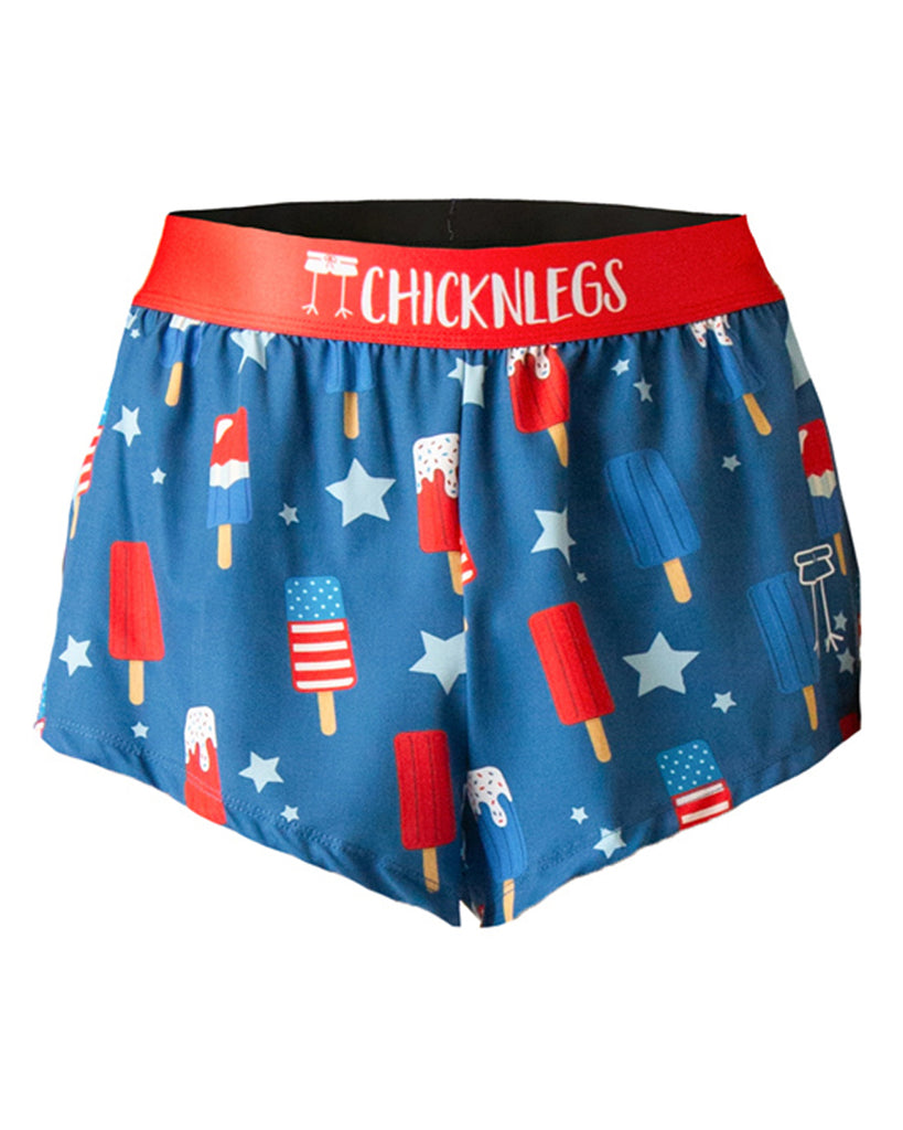 These shorts are from Chicknlegs in the men's 2 in split running shorts as the USA popsicles design as a ghost image. They have fun USA fourth of july fun with stars and red white and blue popsicles.