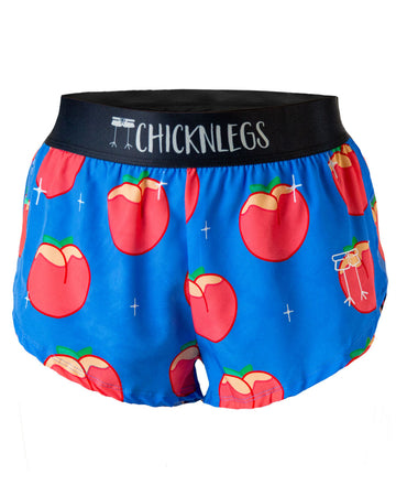 A close up ghost image of ChicknLegs women’s 1.5-inch split running shorts with drawstring, breathable liner, blue background and juicy peaches design.