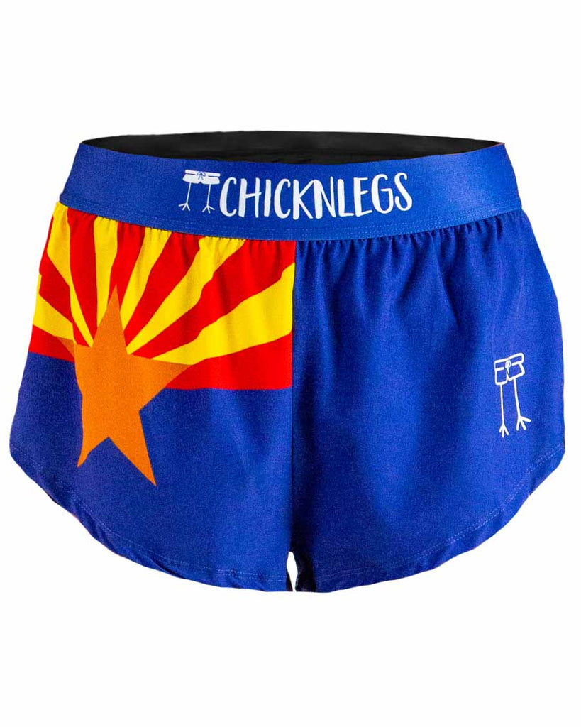 Ghost Image of ChickenLegs women's 1.5 inch split running shorts in the Arizona State Flag design. Featured colors are blue, red, yellow and orange with a matching blue waistband.