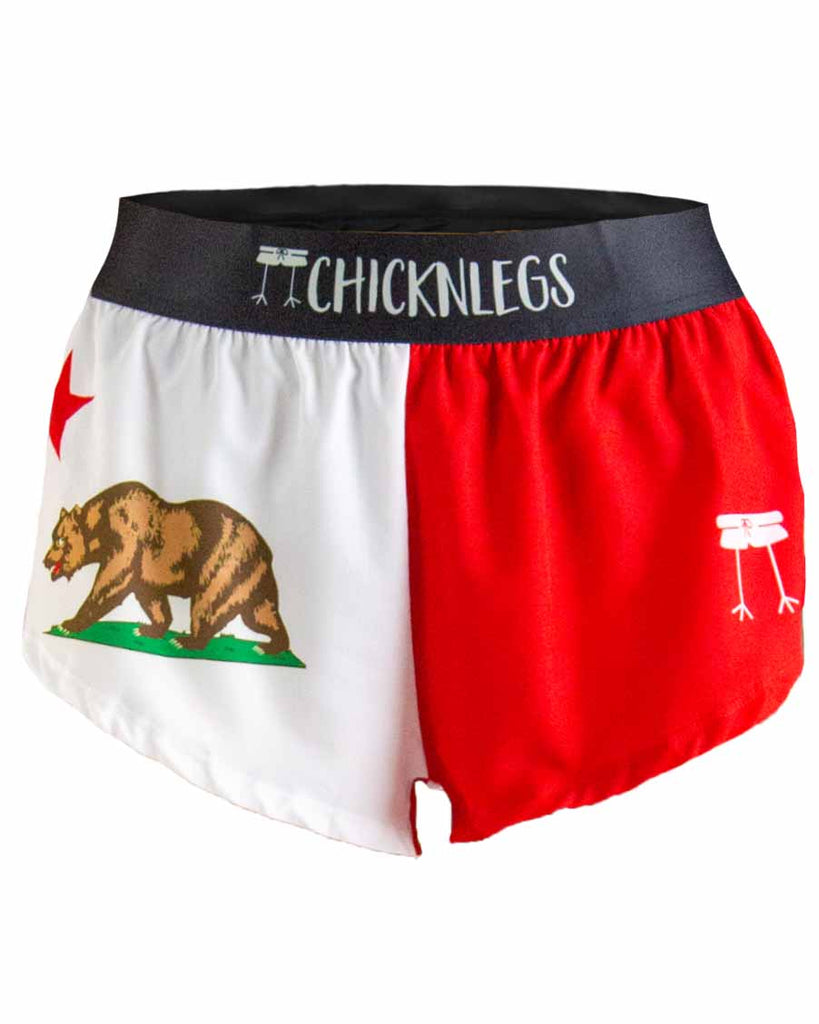 Ghost Image of ChicknLegs Women's 1.5 inch split running shorts in the California State Flag design. Features Red, white, and brown colors with a black waistband.