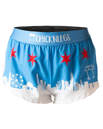 ChicknLegs ghost image of the women's 1.5 in split running shorts in the Chicago Skyline design. The print has blue, red and white on it, great for marathon running and marathon runners.