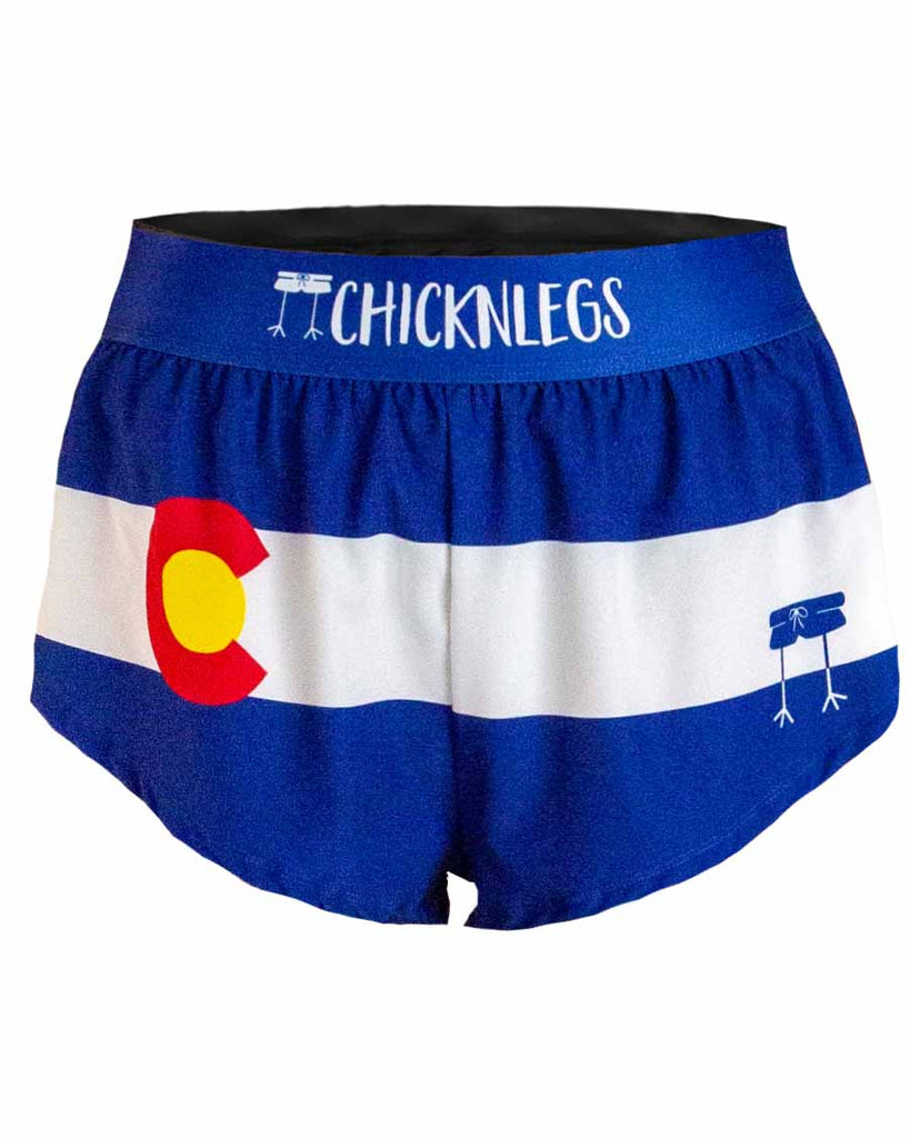 Ghost Image of ChicknLegs Women's 1.5 inch split running shorts in the Colorado State Flag. Featured colors are red, white, yellow and red.
