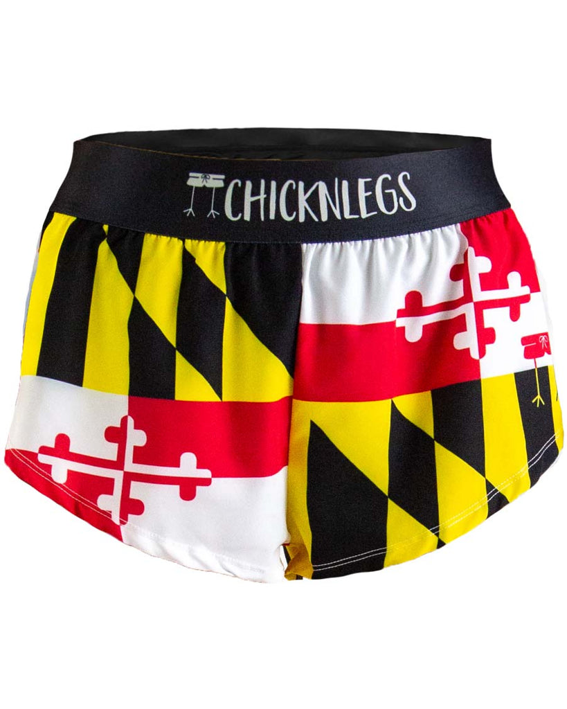 Ghost Image of ChicknLegs women's 1.5 inch split running shorts in the Maryland State Flag. Featured colors are red, white, yellow and black!