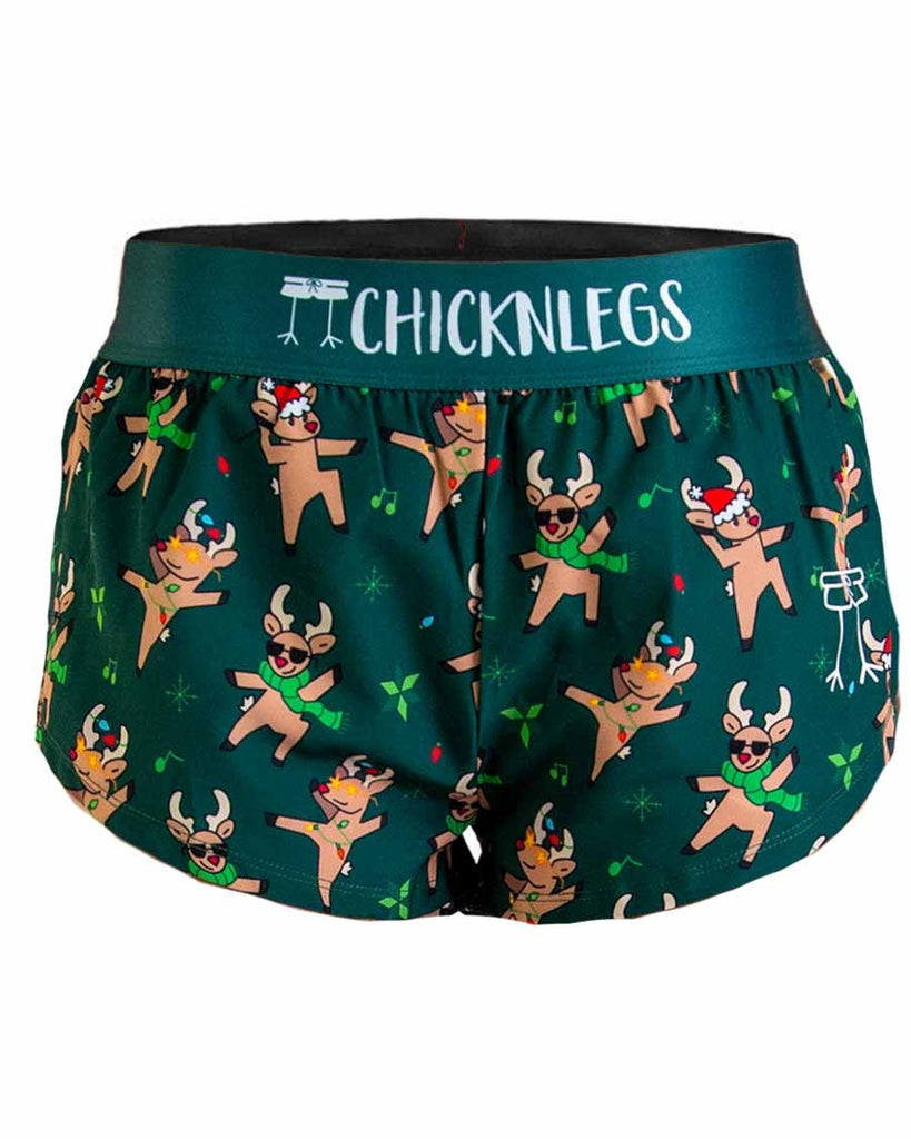 ChicknLegs fun split running shorts with dancing reindeers on them.