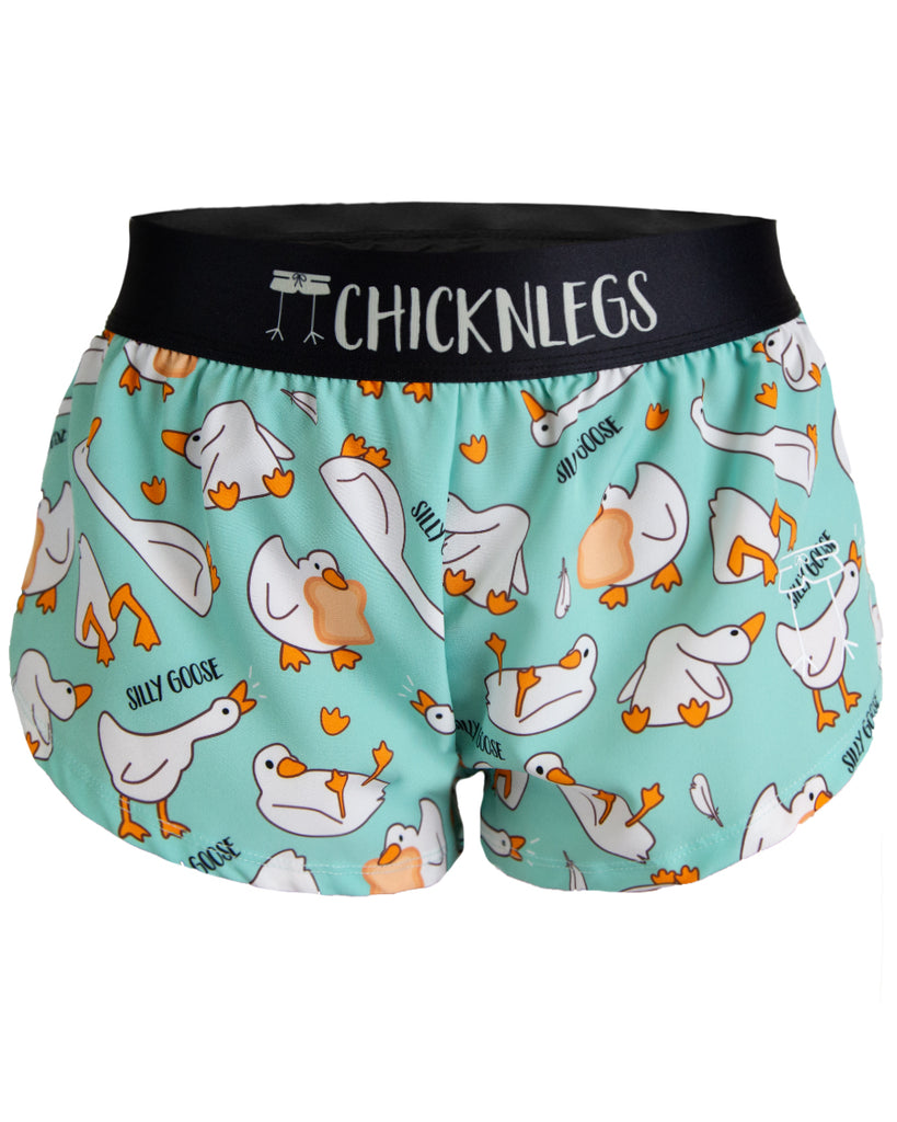 ChicknLegs women's 1.5 in split running shorts in the Silly Goose design. The print has white goose all over it with bread. A ghost image is shown here.
