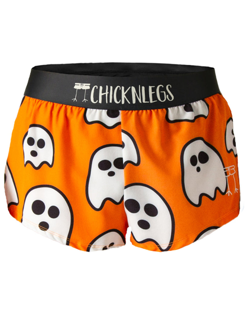 Ghost image is from ChicknLegs in the women's 1.5 in split running shorts in the ghost design. The print has white fun halloween themed ghosts over it that are on an orange background.