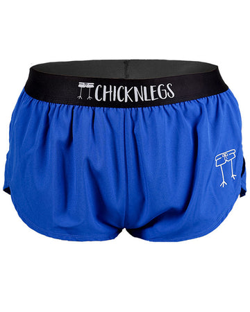 Chicknlegs women's 1.5 in split running shorts in the royal blue design as a ghost image. The print is a solid blue color great for runners.