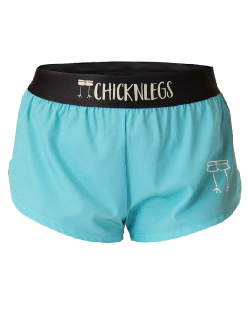 Chicknlegs women's 1.5 in split running shorts in the sky blue design as a ghost image. The print is a solid light blue color great for summer or everyday runners or runs to match with the flamingo print.