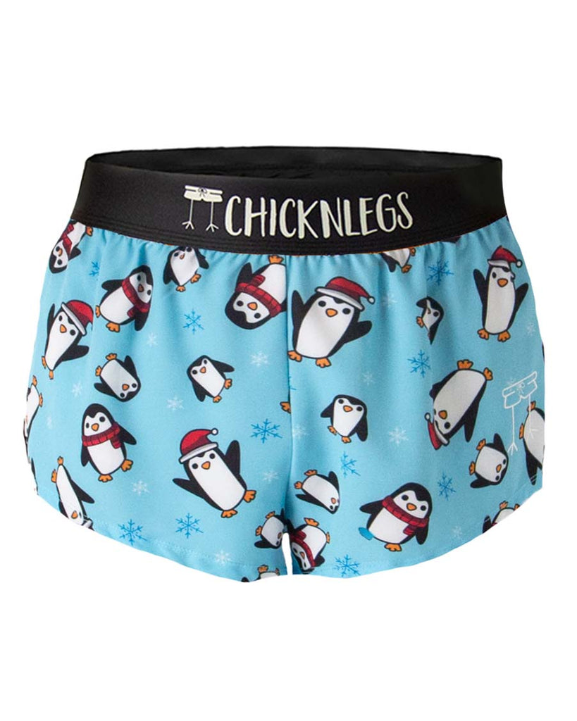 Ghost Image of ChickenLegs women's 1.5 inch split running shorts in the Penguin design, also known as the Slippery Bois.