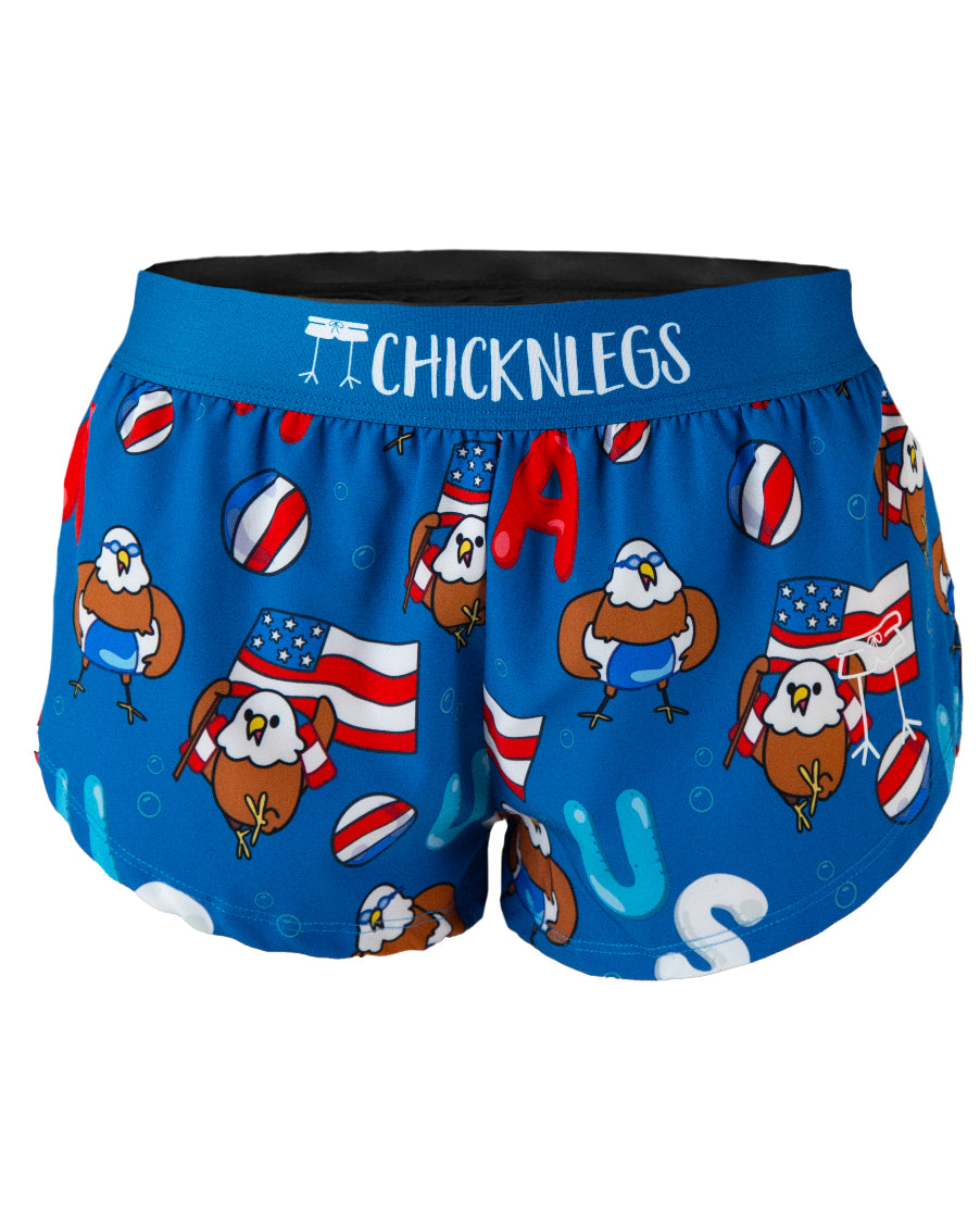 Ghost image of ChicknLegs women's 1.5 in split running shorts in the USA Pool Party Design. The print has eagles, red white and blue colors, pool floaties and beach balls. Great for 4th of july.