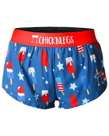 Chicknlegs women's 1.5 inch split running shorts ghost image in the USA Popsicle design.