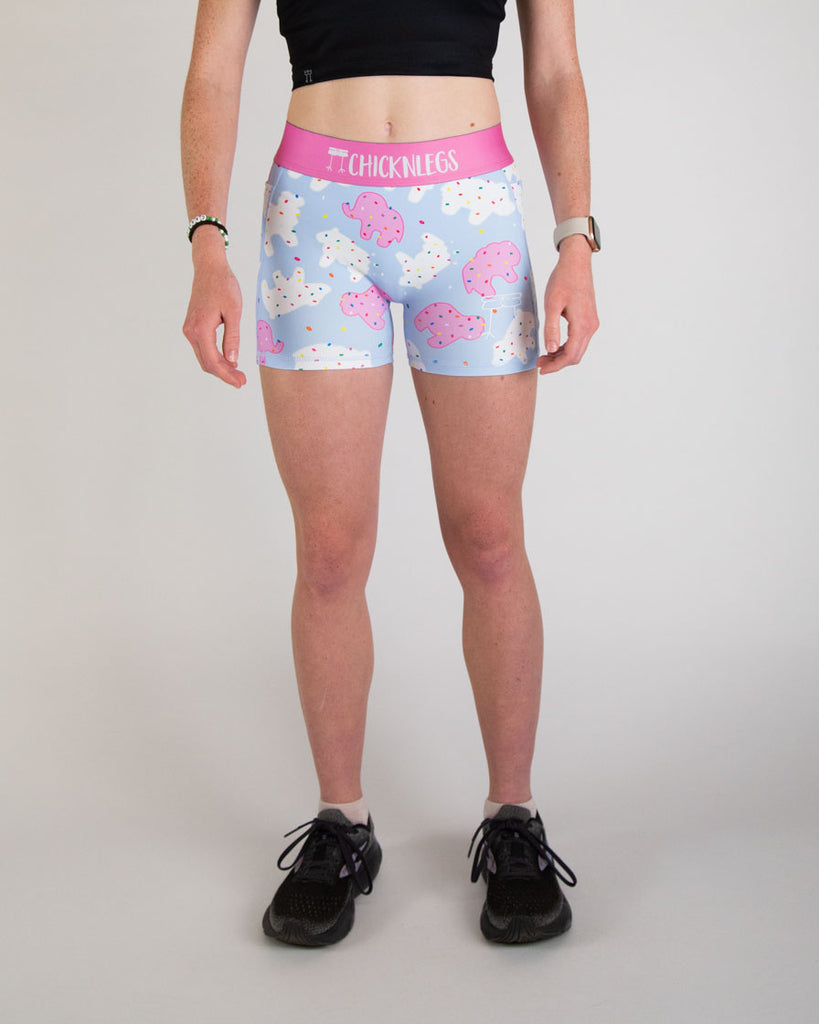 Runner is wearing ChicknLegs in the women's 3 in compression and spandex in the animal cookies design. The print has pink, white and blue on it with fun rainbow sprinkles on it. Great for food lovers and animal lovers!