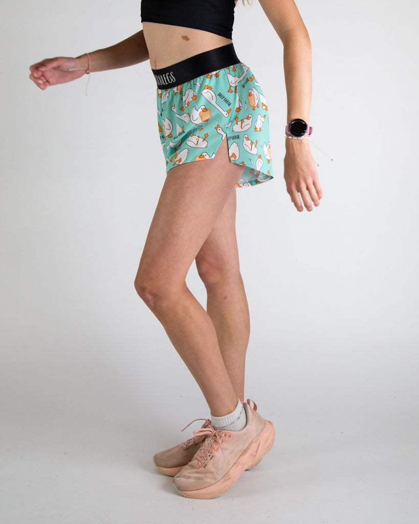 Runner is wearing ChicknLegs in the women's 4 in split running shorts in the silly goose design. The print has white, orange and blue on it with a bunch of geese. Great feeling material that is soft to help prevent chaffing.