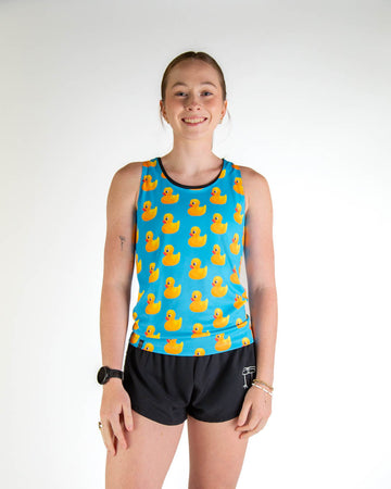 Front view of ChicknLegs women’s performance running singlet. Blue background with yellow rubber duckys all over.