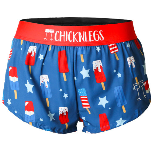 Chicknlegs women's 1.5 inch split running shorts ghost image in the USA Popsicle design.