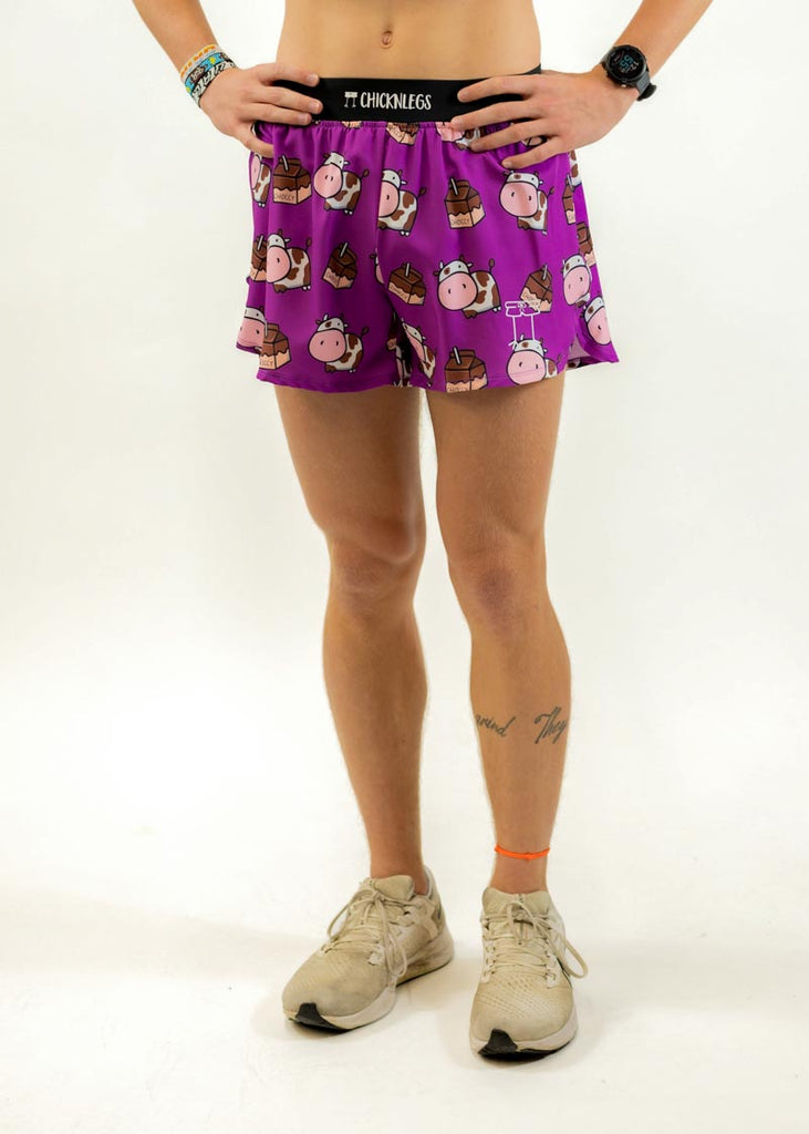 Front view of the men's 4 inch choccy cows running shorts.