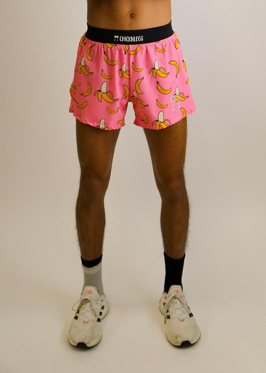 Front view of the men's 4 inch pink bananas split running shorts.