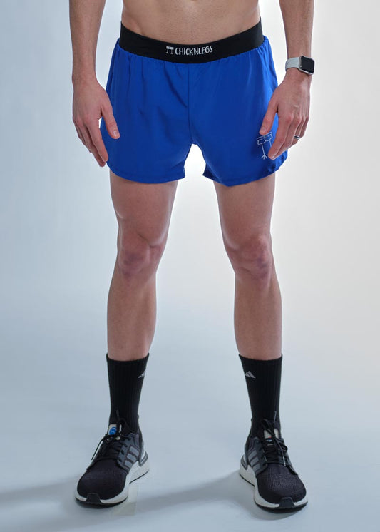 front view of the men's 4 inch royal blue split shorts from ChicknLegs.