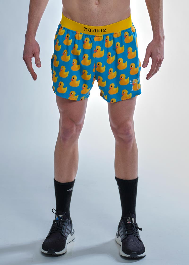 Front view of the men's 4 inch rubber ducky running shorts.