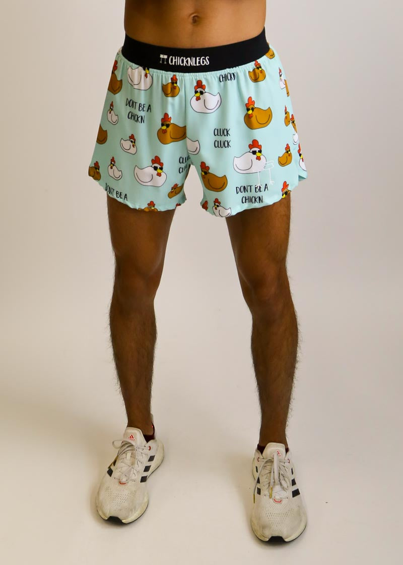 Front view of the men's 4 inch half split shorts featuring our swaggy chickens design.