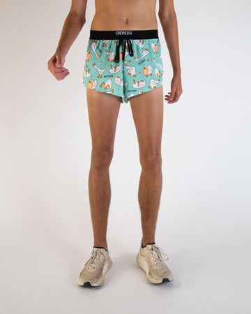 Runner is wearing ChicknLegs in the men's 2 in drawstring split running shorts in the Silly Goose design. The goose is loose! Featuring no chaffing, adjustable strings and a fun print.