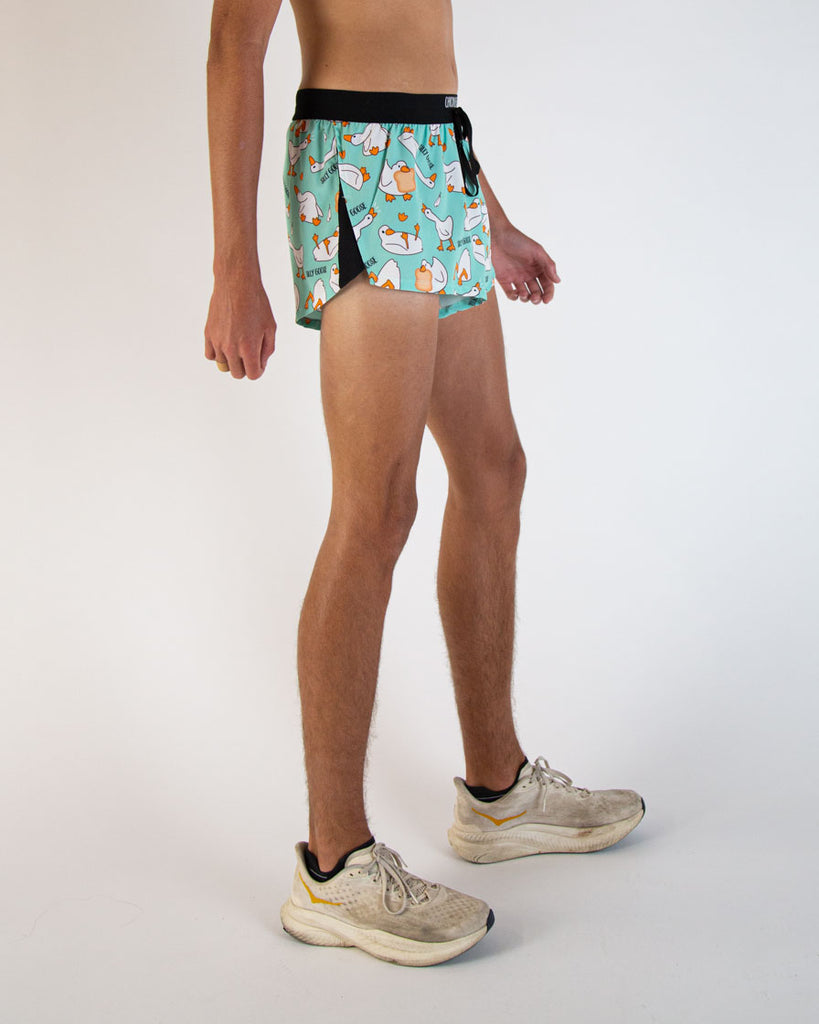 Runner is wearing ChicknLegs in the men's 2 in drawstring split running shorts in the Silly Goose design. Great for running, hiking, sprinting, track and field, weight lifting, working out, and more!
