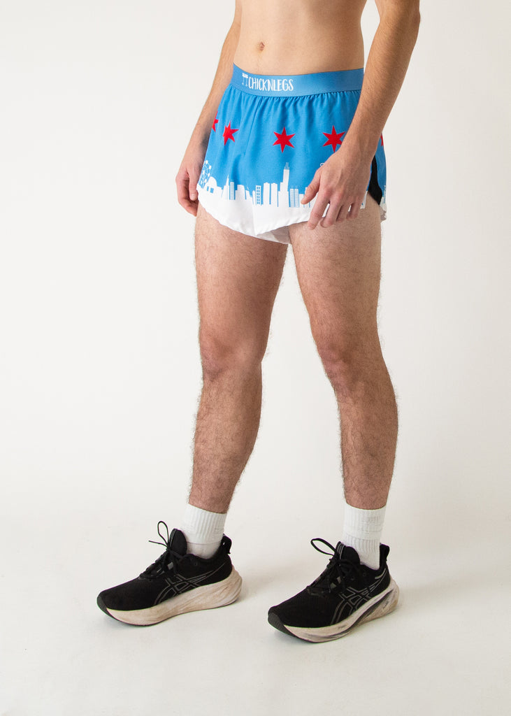 Runner is wearing Chicknlegs in the men's 2 in split running shorts in the Chicago Style Skylines. Great for marathon running!