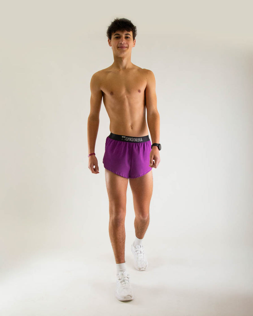 ChicknLegs men's 2 in split running shorts in the solid deep purple color to match with the choccy cow print. Great for matching and love of running with purples!