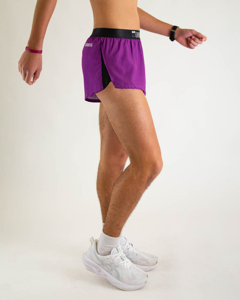 ChicknLegs men's 2 in split running shorts in the solid deep purple color to match with the choccy cow print.