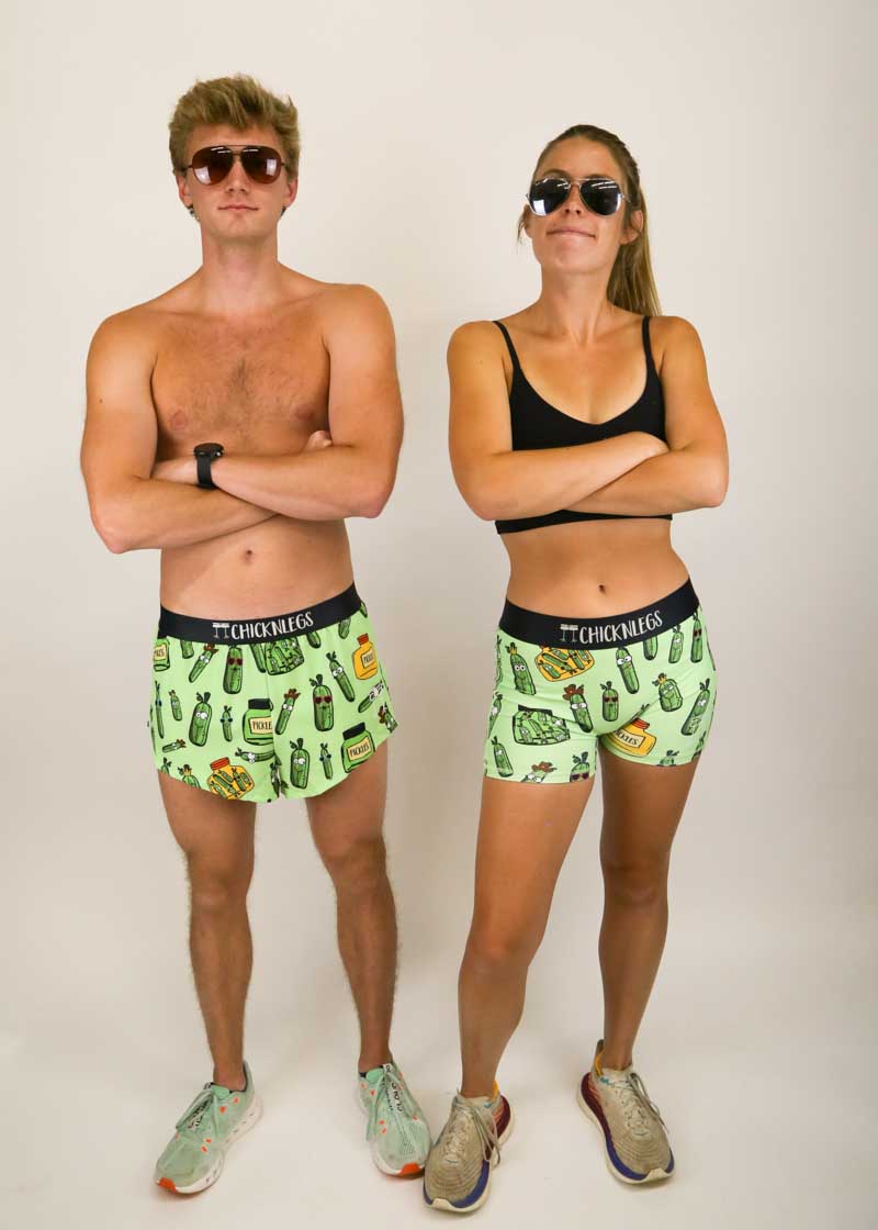 Runners wearing shades and pickle running shorts from ChicknLegs.