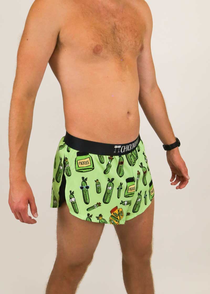 Right side view of the men's 2 inch split running shorts with a pickle design.