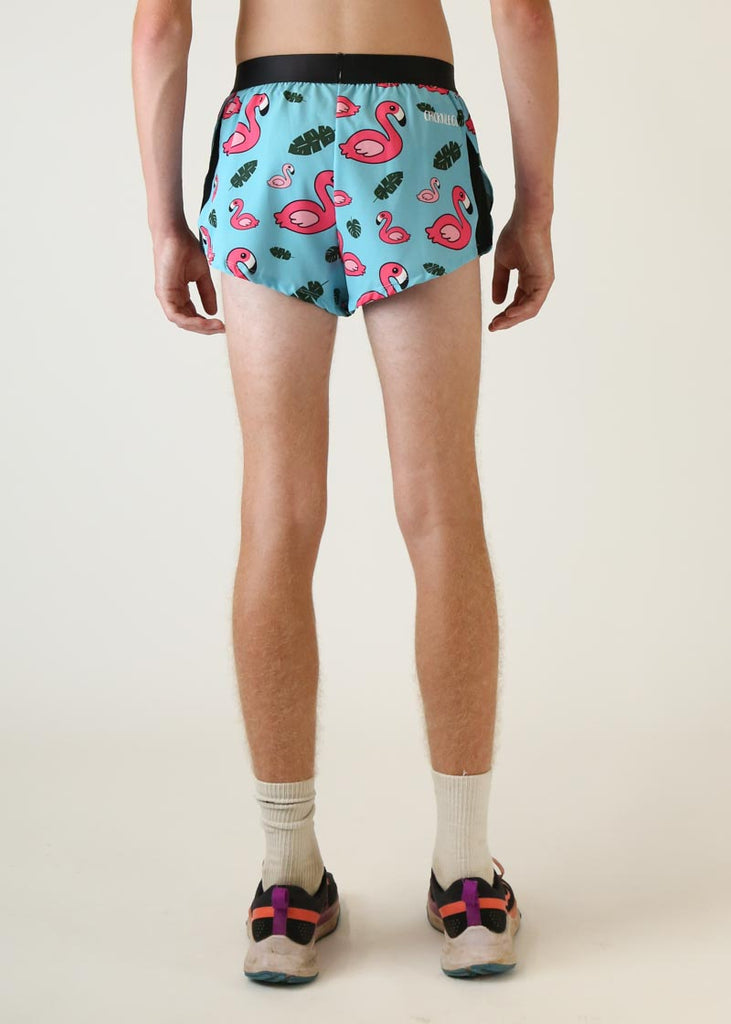 Model wearing Chicknlegs men's 2 inch split running shorts in blue flamingo design back view