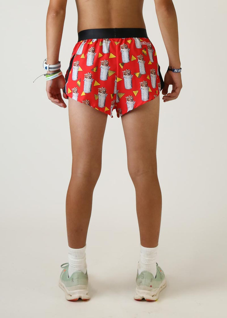Model wearing Chicknlegs men's 2 inch split running shorts in the burrito design back view
