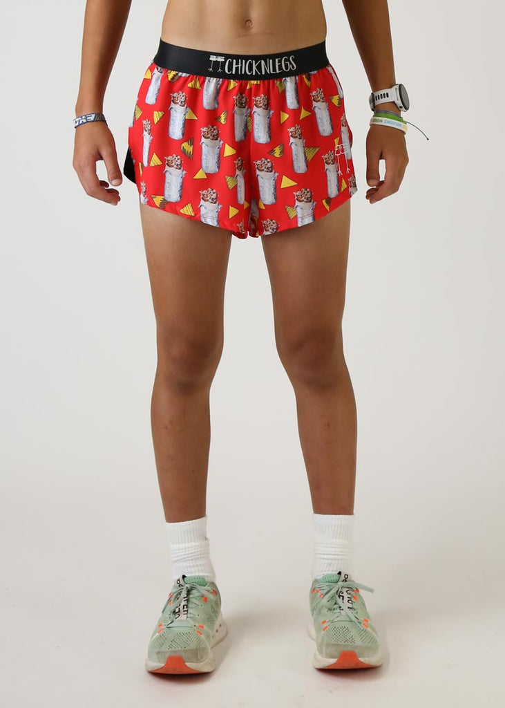 Model wearing Chicknlegs men's 2 inch split running shorts in the burrito design front view