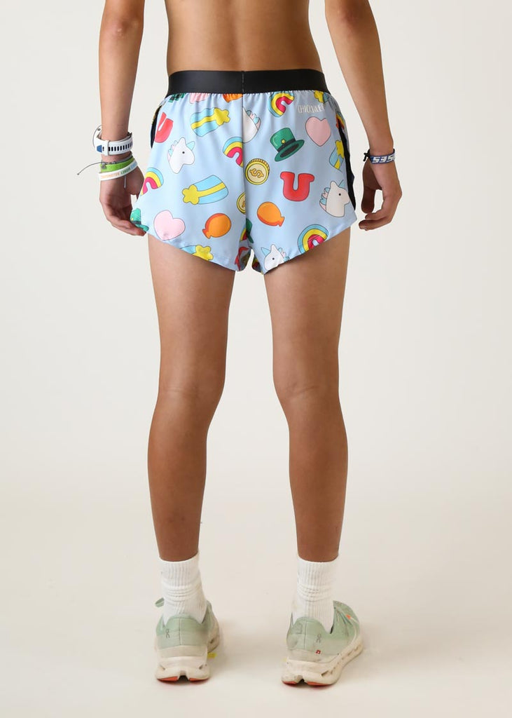 Model wearing mens 2 inch split running shorts in charms design back view