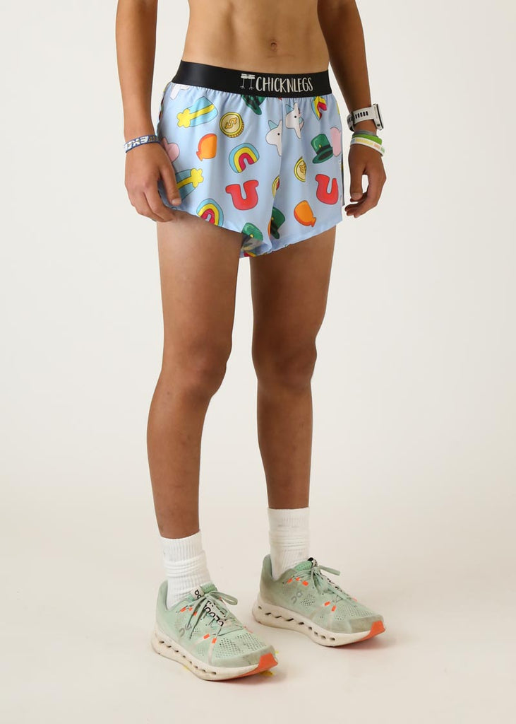 Model wearing mens 2 inch split running shorts in charms design right view