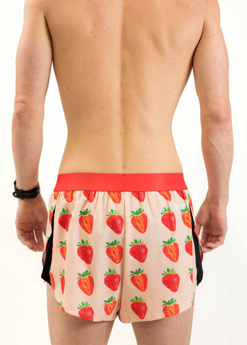 Back view of the men's 2 inch split running shorts from ChicknLegs with the strawberries design.