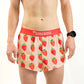 Front closeup view of the men's 2 inch split running shorts with our Strawberry design.