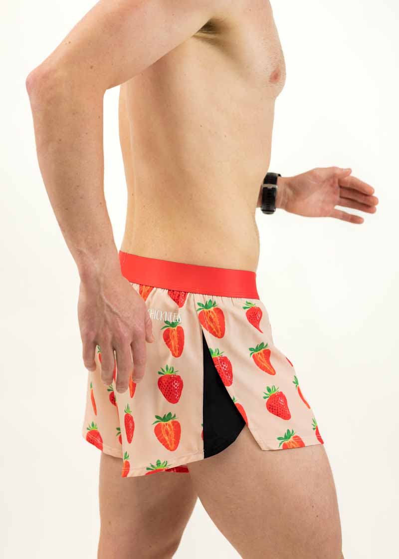 Side view of the men's 2 inch strawberry szn running shorts from ChicknLegs.