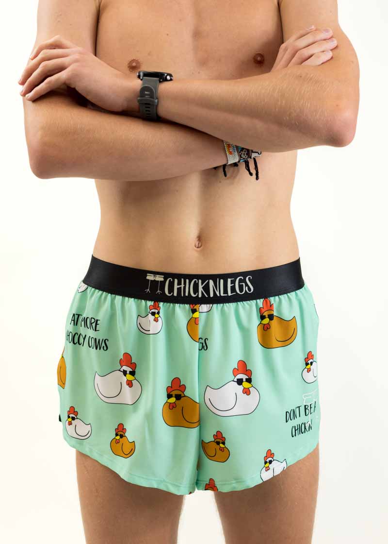 Front view of runner wearing the 2 inch swaggy chickens running shorts from ChicknLegs.