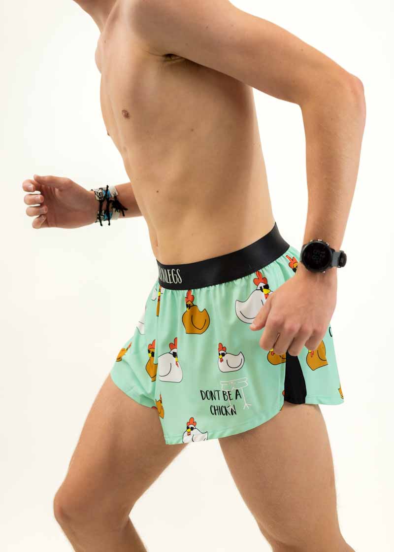 Left side view of the men's 2 inch split running shorts with a chicken design.