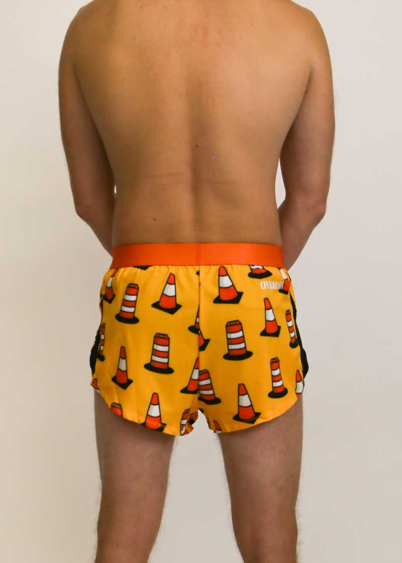 Back view of the men's 2 inch traffic cone split running shorts.