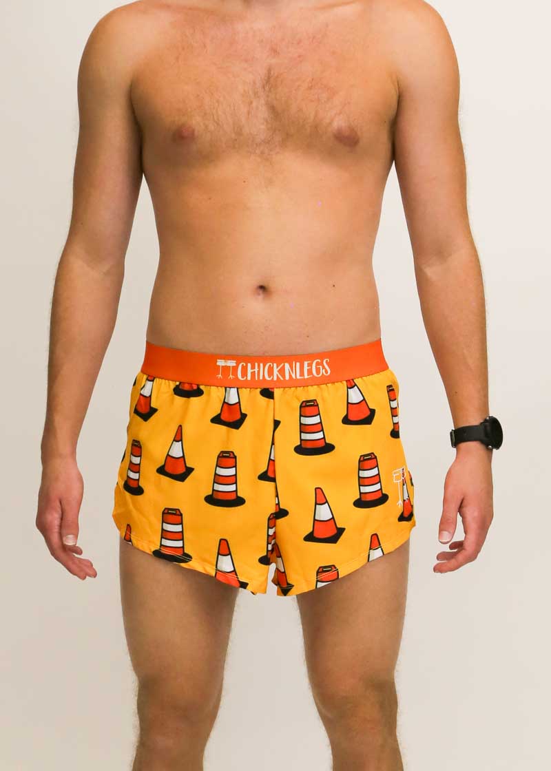 Front view of the men's 2 inch traffic cone split running shorts from ChicknLegs.