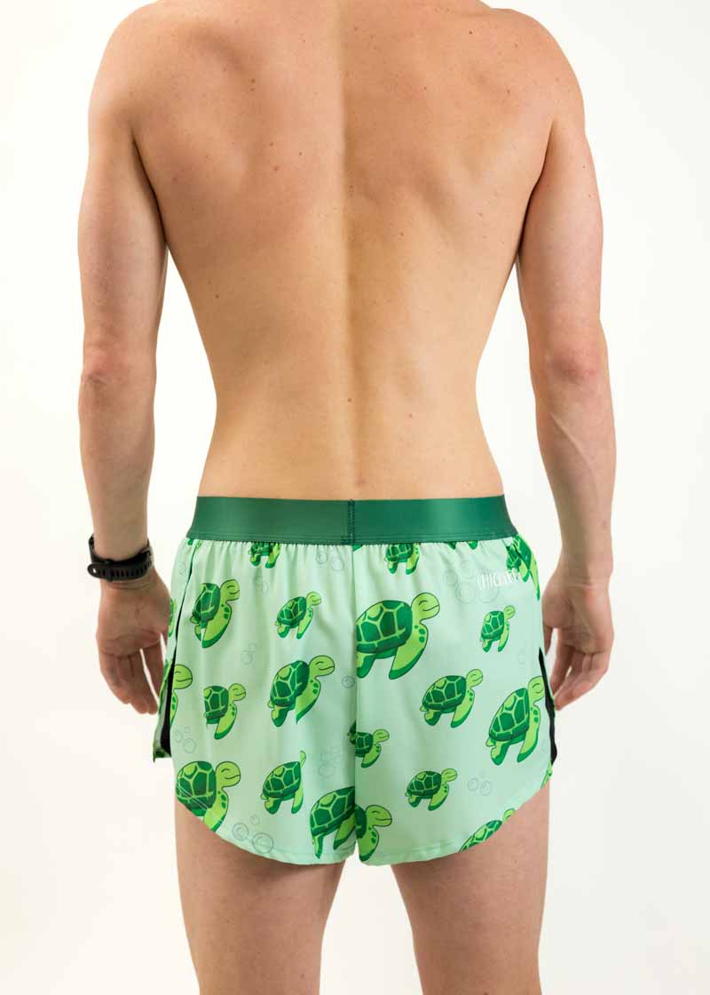 Back view of the men's 2 inch split running shorts with a sea turtles design.