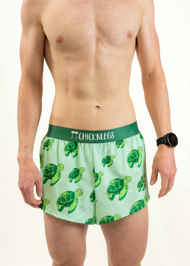Front closeup view of the men's 2 inch sea turtles running shorts from ChicknLegs.