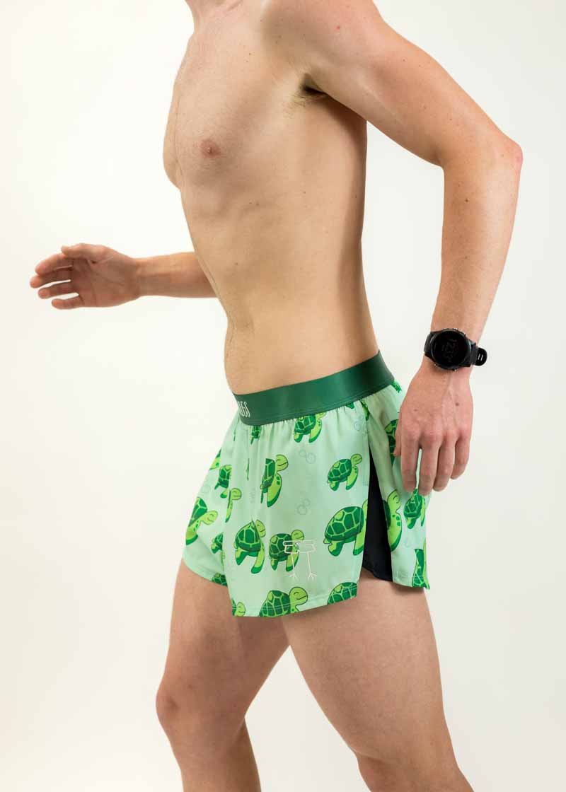 Left side view of the men's 2 inch sea turtle running shorts.