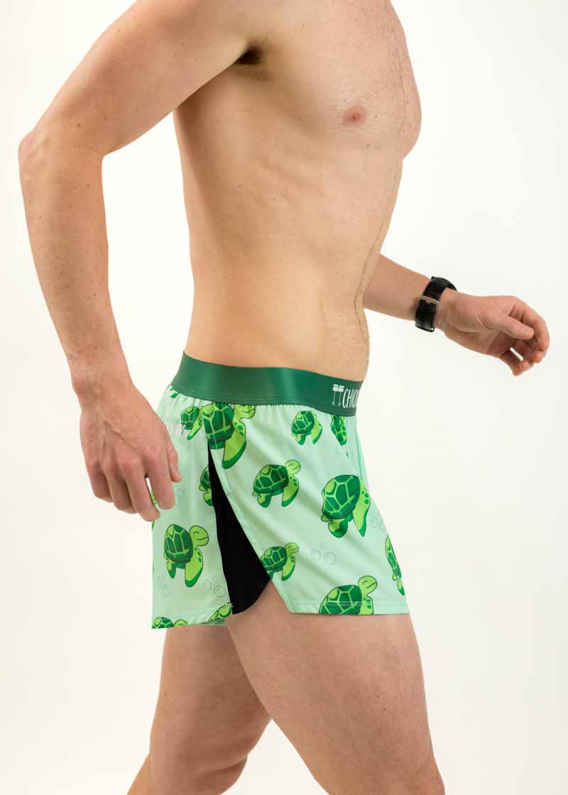 Side view of the men's sea turtle running shorts from ChicknLegs.
