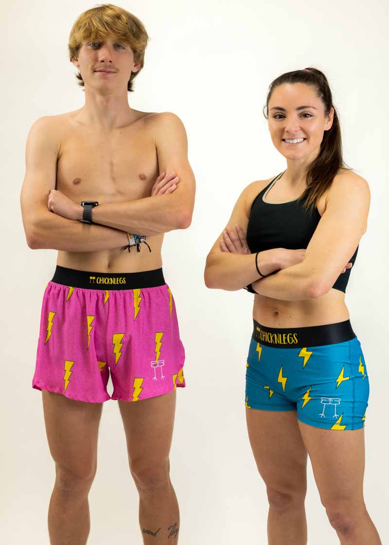 Group shot of runners matching in the lightning bolt running shorts from ChicknLegs.